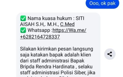 PENIPUAN BERKEDOK PENGACARA: PENCATUTAN NAMA, FOTO, DAN LOGO AISAH AND PARTNERS LAW FIRM OLEH NOMOR 6282164728337